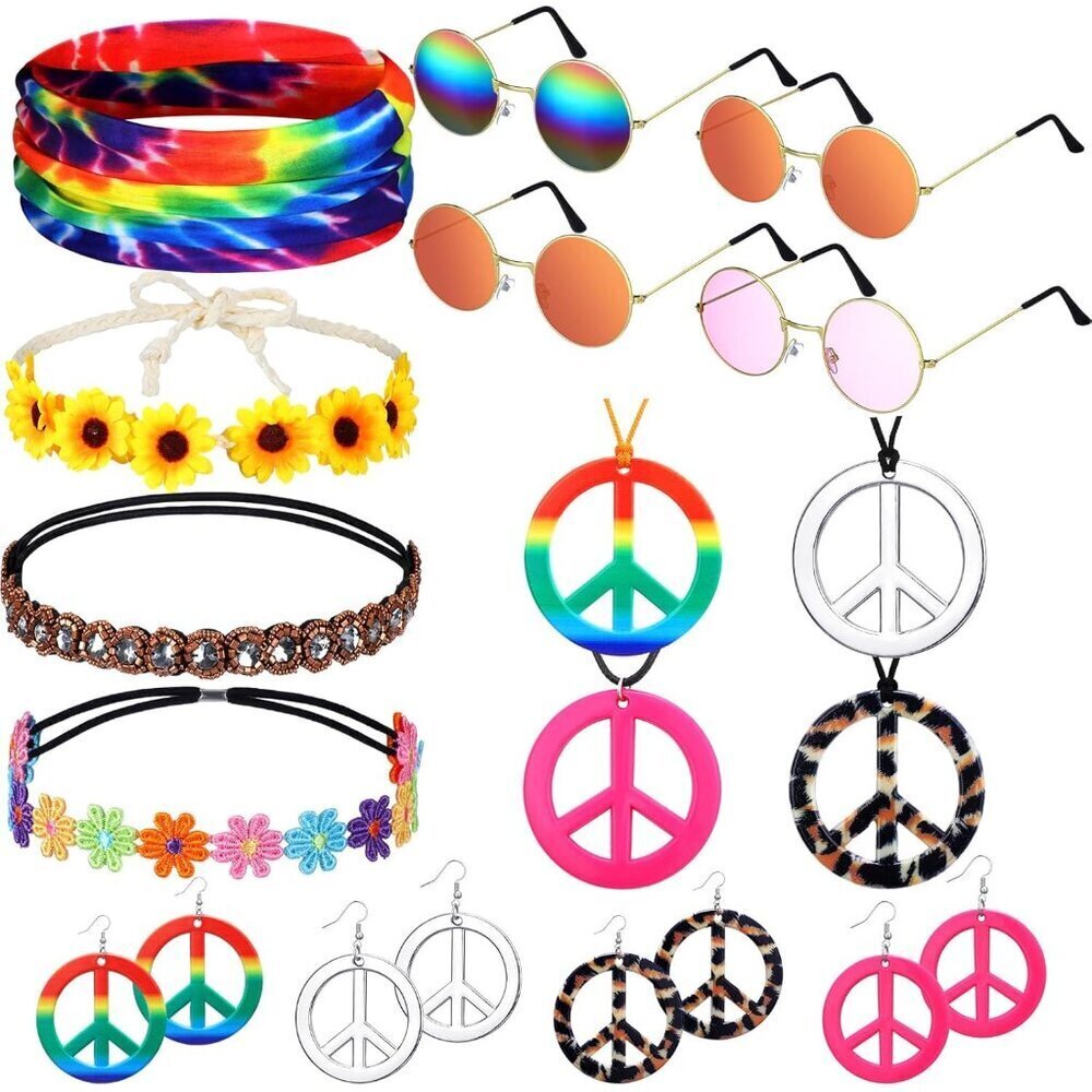 Hippie Costume Accessories Set 16 Pieces Women Men Peace Sign Jewelry 60s 70s